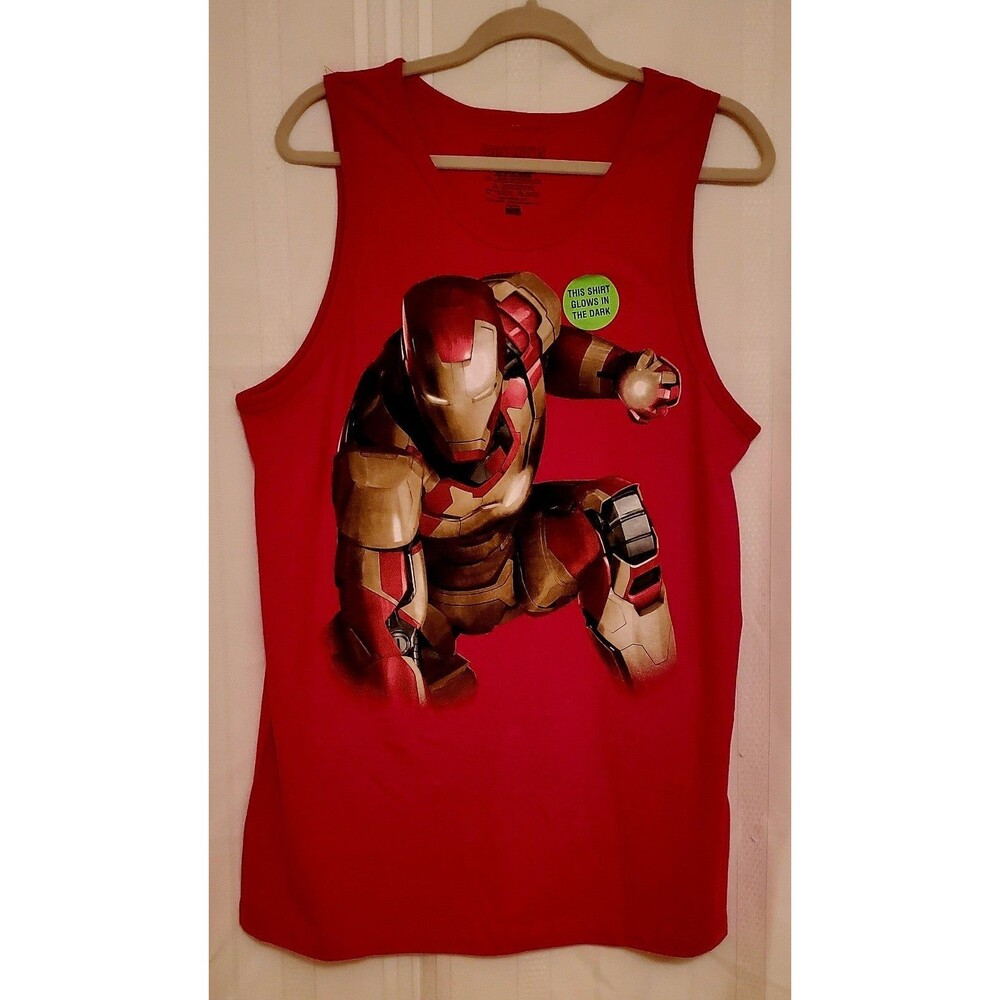 Mens Marvel Iron Man 3 Graphic Shirt Red Cotton Sleeveless Glows in the Dark Top